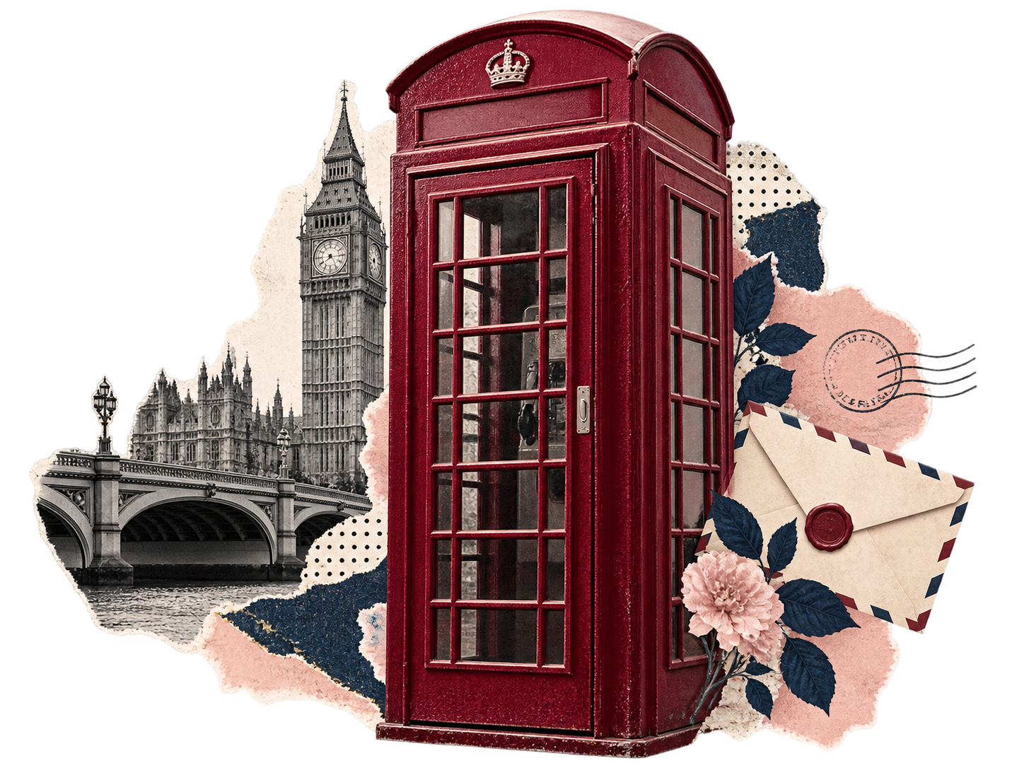 Colagem com cabine telefônica vermelha britânica, Big Ben, envelope e flores