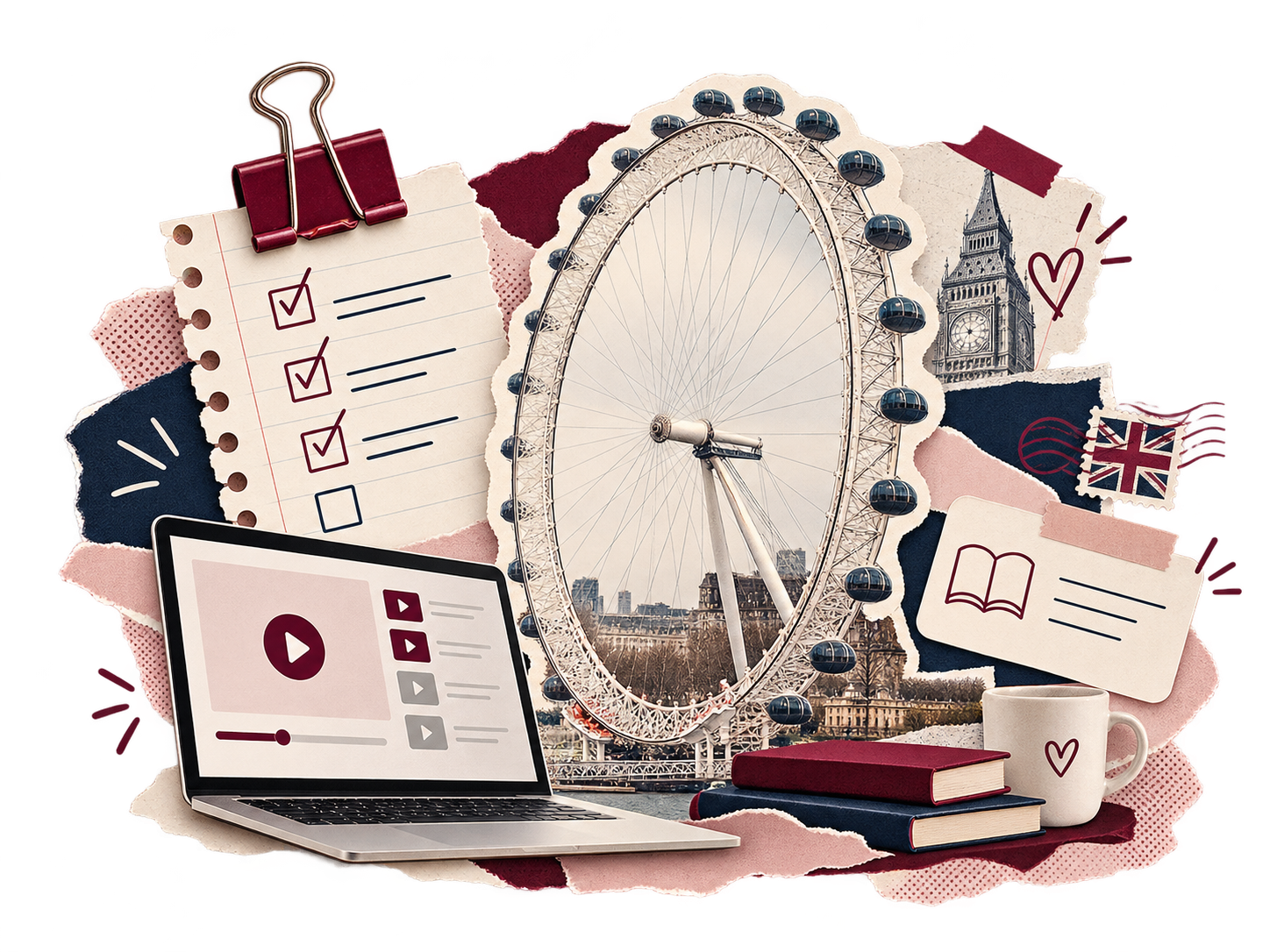 Colagem com a London Eye, notebook com aulas em vídeo, lista de tarefas, livros e xícara