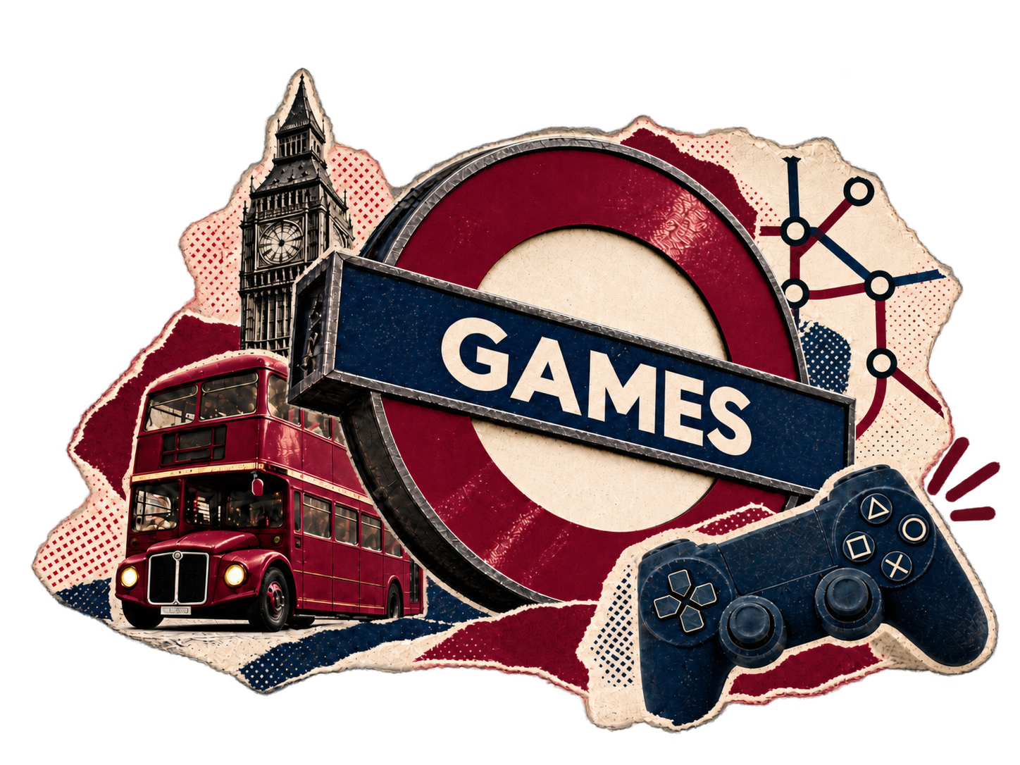 Colagem com placa de metrô de Londres escrita GAMES, ônibus vermelho de dois andares, Big Ben e controle de videogame