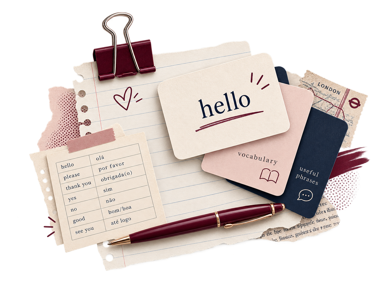 Colagem de papelaria com folha de caderno, cartões de vocabulário com a palavra hello, caneta e lista de palavras em inglês e português