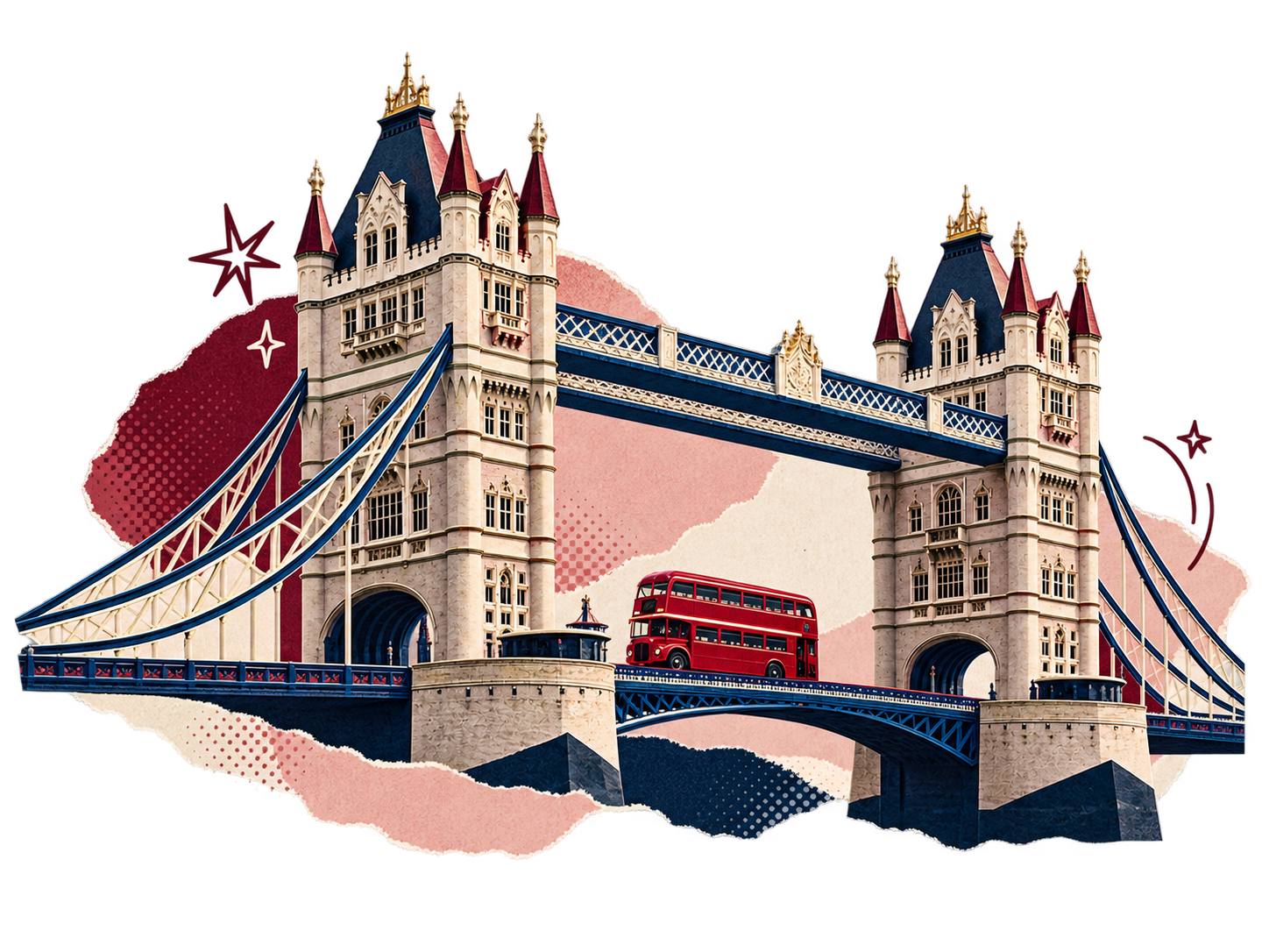 Colagem com a Tower Bridge e um ônibus vermelho de dois andares